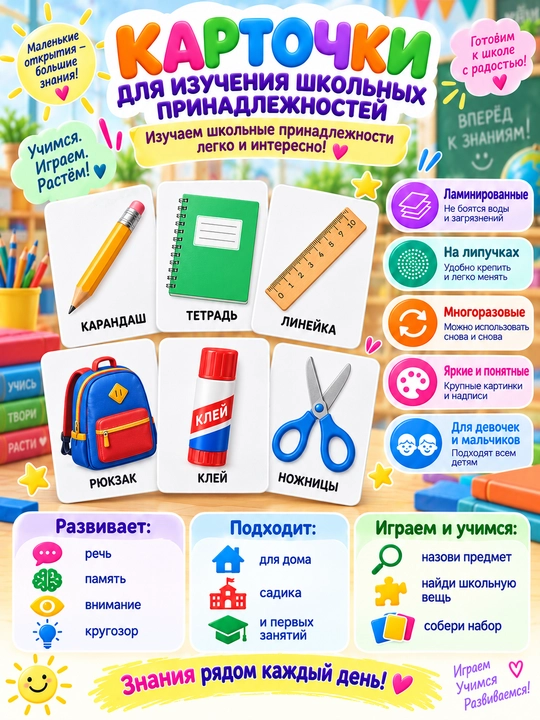 Rivojlantiruvchi bolalar kartochkalari Laminatsiyalangan, yopishqoqli / lipuchkali - 