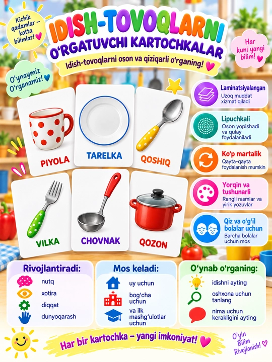 Rivojlantiruvchi bolalar kartochkalari Laminatsiyalangan, yopishqoqli / lipuchkali - 