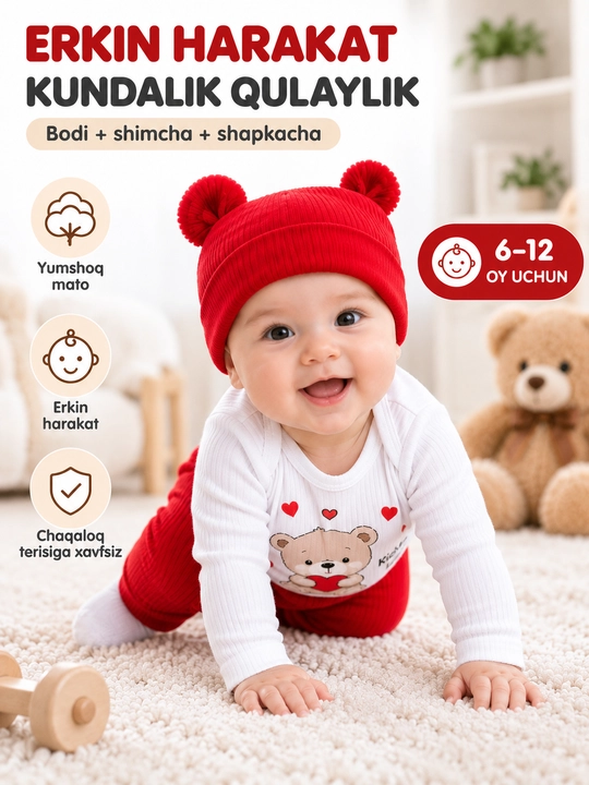 Bolalar bodi, kuzgi-qishki kiyim, 3 ta buyumdan iborat to‘plam, 6-12 oylik