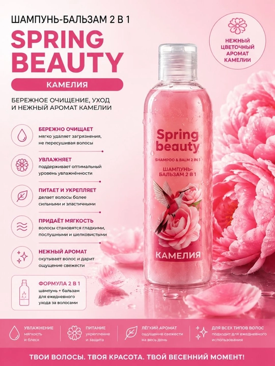 Шампунь-бальзам 2 в 1 Spring Beauty-средство для одновременного очищения и ухода за волоса - 
