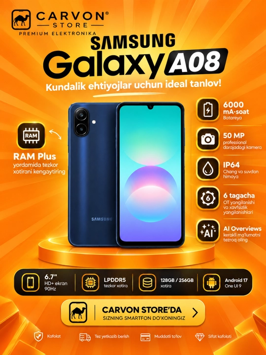 Samsung A08, толщина 8,0 мм, 6000 мАч, 50 МП, IP64, Galaxy AI - 
