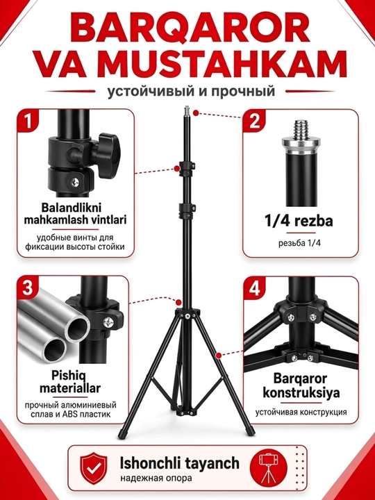 Shtativ, mobil telefon, foto va video kamera ushlagichi