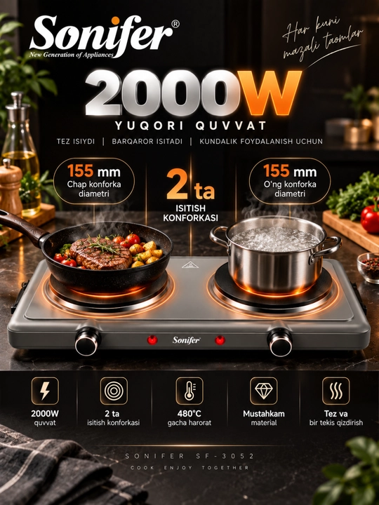 Sonifer SF-3052 elektr plita, 2 konfokali, 2000 W, quyma temir isitish paneli