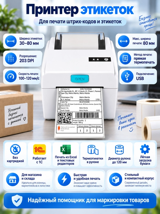 Принтер этикеток для печати наклейки и ценников, 80мм USB + Bluetooth - 