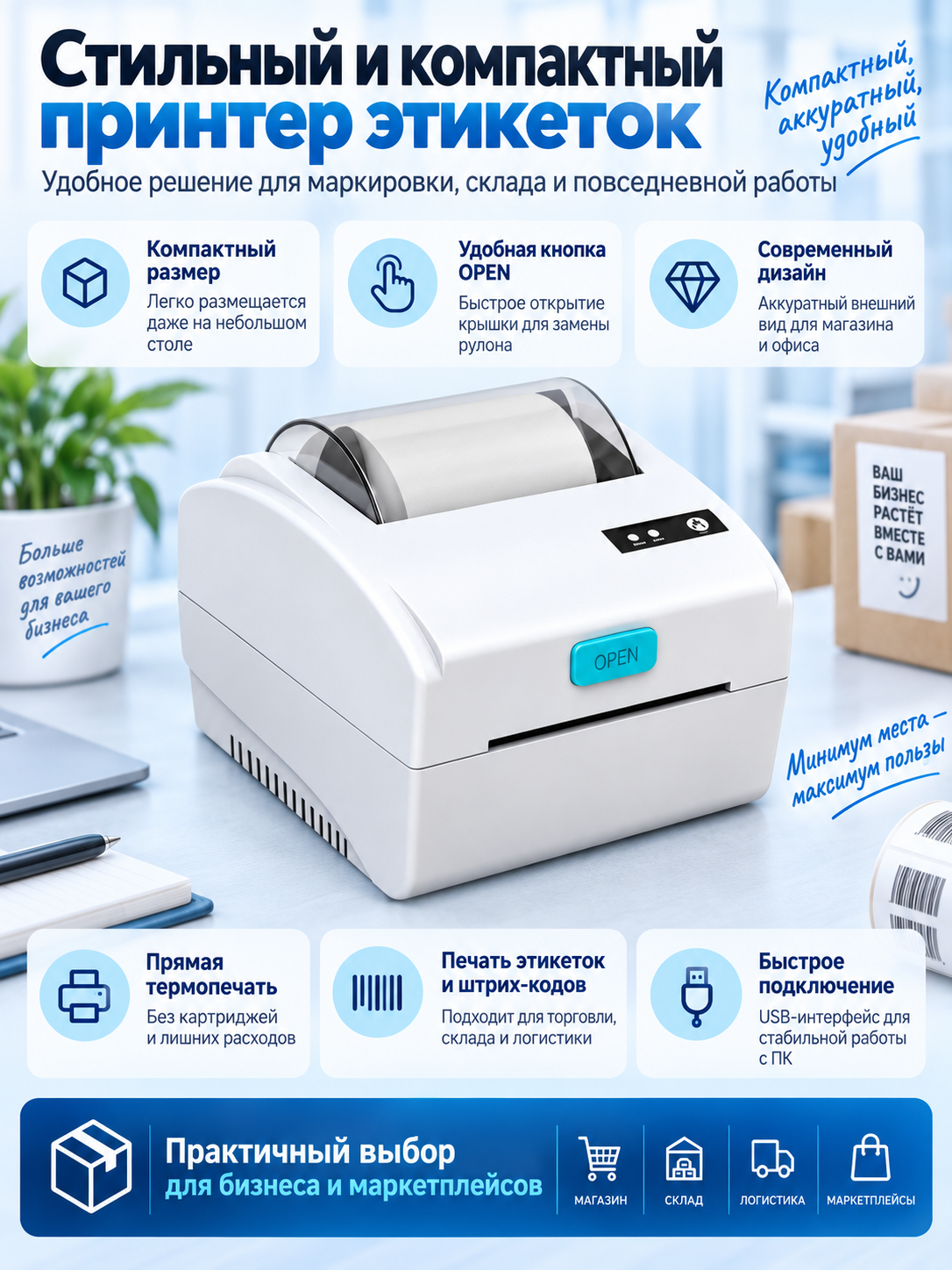 Принтер этикеток для печати наклейки и ценников, 80мм USB + Bluetooth
