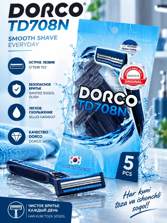 Бритва одноразовая DORCO TD 708, в мягкой упаковке, 5 шт - 