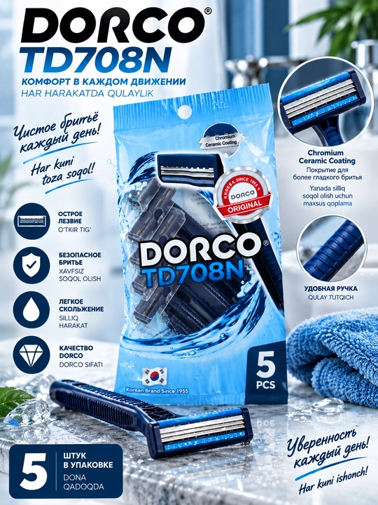 Bir martalik ustara DORCO TD 708, yumshoq qadoqda, 5 dona