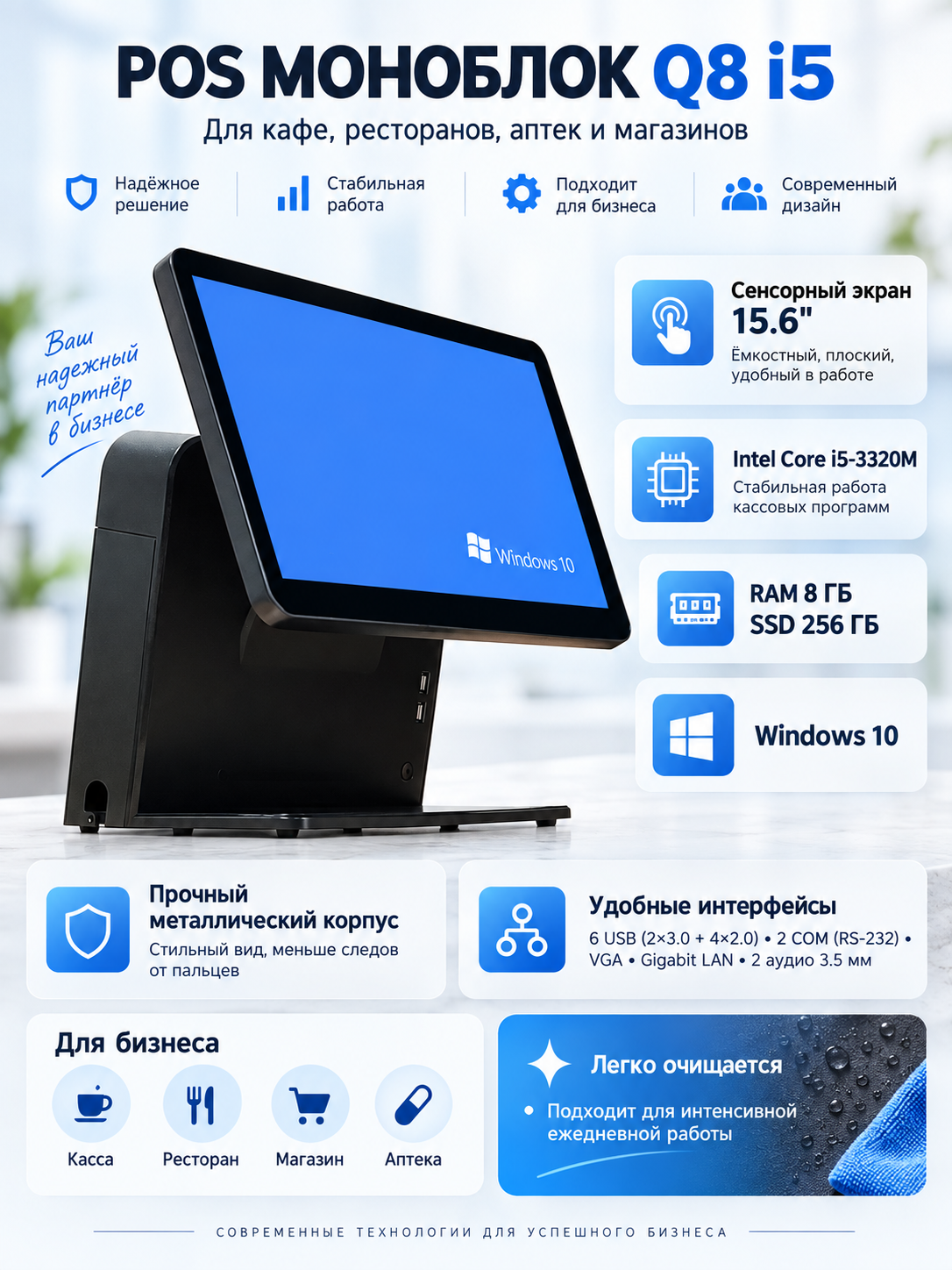 Односторонний POS моноблок Q8 i5, для кафе и ресторанов, 15.6", RAM 8 ГБ, SSD 256 ГБ