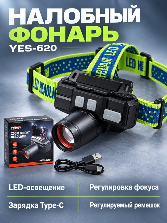 Boshga fonar YES-620, LED, zoomli fonar, 18650 akkumulyatorli, Type-C - 