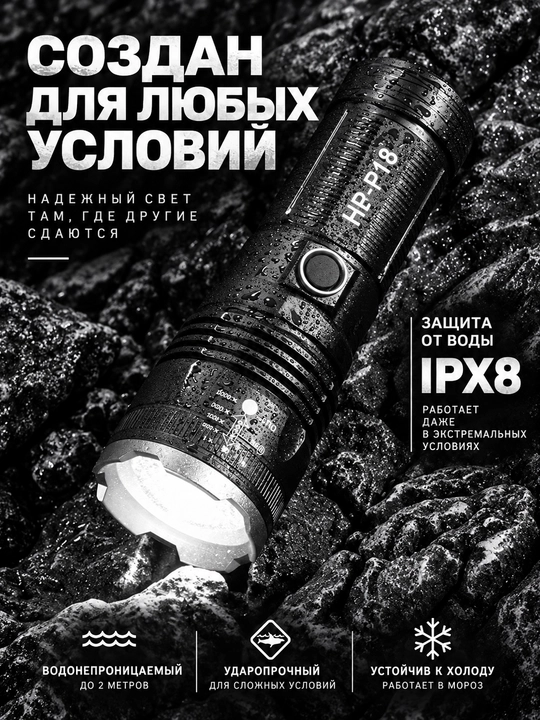 Kuchli LED qo‘l fanari HB-P18, zoomli fonar, akkumulyatorli, Type-C