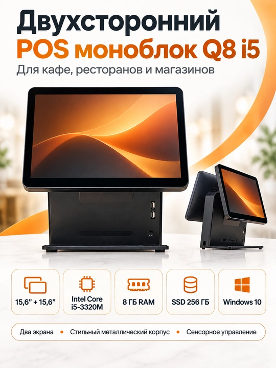 Двухсторонний Pos моноблок Q8, для кафе и ресторанов i5, RAM 8 Гб, SSD 256 Гб, 15,6+15,6 - 