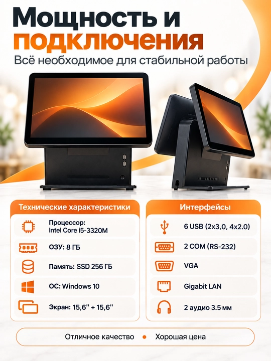 Двухсторонний Pos моноблок Q8, для кафе и ресторанов i5, RAM 8 Гб, SSD 256 Гб, 15,6+15,6