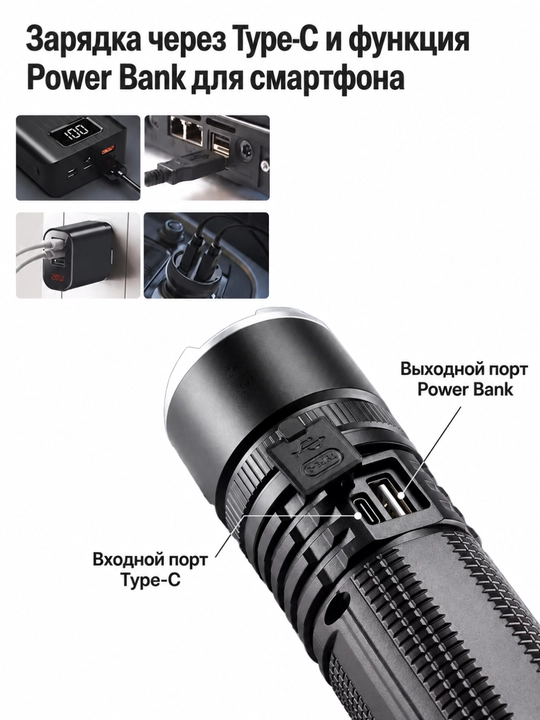 Kuchli LED fonar LF-S56, akkumulyatorli zoom fanar, COB chiroq, Type-C, Power Bank