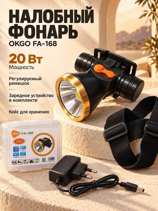 Boshga taqiladigan LED fanar FA-168, kuchli 20W akkumulyatorli fonar, sayohat uchun - 