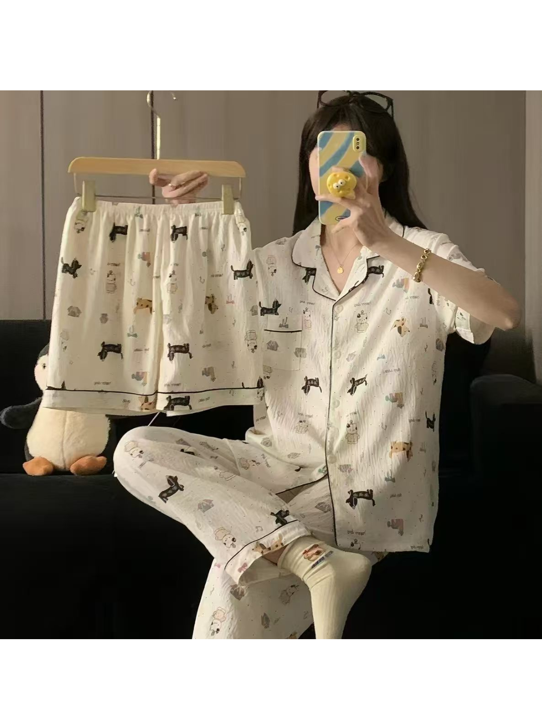 Ayollar uchun paxtali pijama ko‘ylak va shimlar to‘plami  uyqu va dam olish uchun uy kiyim