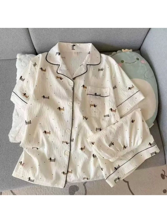 Ayollar uchun paxtali pijama ko‘ylak va shimlar to‘plami  uyqu va dam olish uchun uy kiyim