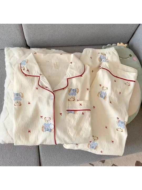 Ayollar uchun paxtali pijama ko‘ylak va shimlar to‘plami  uyqu va dam olish uchun uy kiyim
