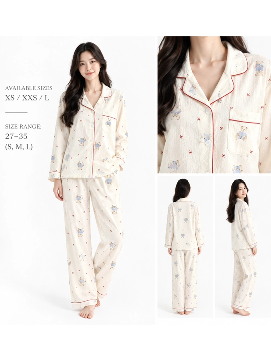 Ayollar uchun paxtali pijama ko‘ylak va shimlar to‘plami  uyqu va dam olish uchun uy kiyim - 