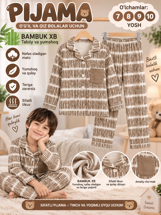 Qizlar pijamasi 7-10 yosh, yumshoq uy kiyimi, pijamacha, kofta shim to‘plam - 