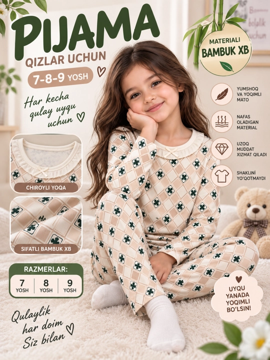 Детская пижама 7–9 лет, бамбук XB, мягкая пижама с длинным рукавом - 