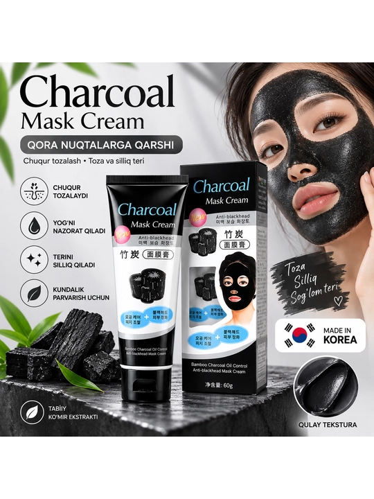 Yuz uchun qora maska Charcoal Black Mask — qora nuqtalarni tozalovchi niqob, 130 g - 