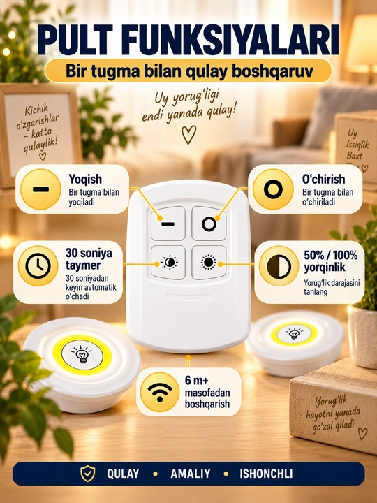Pult bilan boshqariladigan LED chiroqlar, batareyali simsiz yoritgichlar, 3 dona