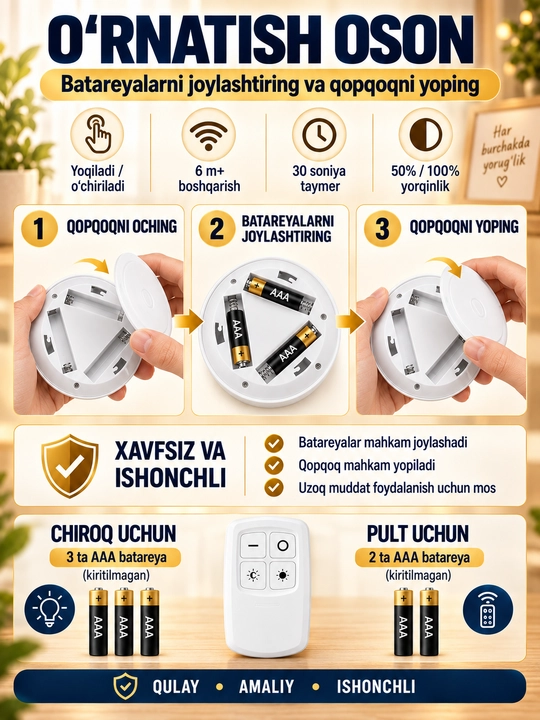 Pult bilan boshqariladigan LED chiroqlar, batareyali simsiz yoritgichlar, 3 dona