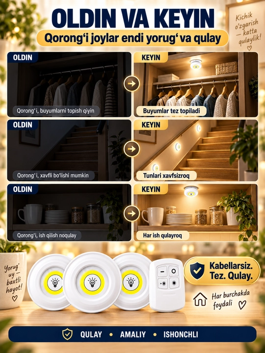Pult bilan boshqariladigan LED chiroqlar, batareyali simsiz yoritgichlar, 3 dona