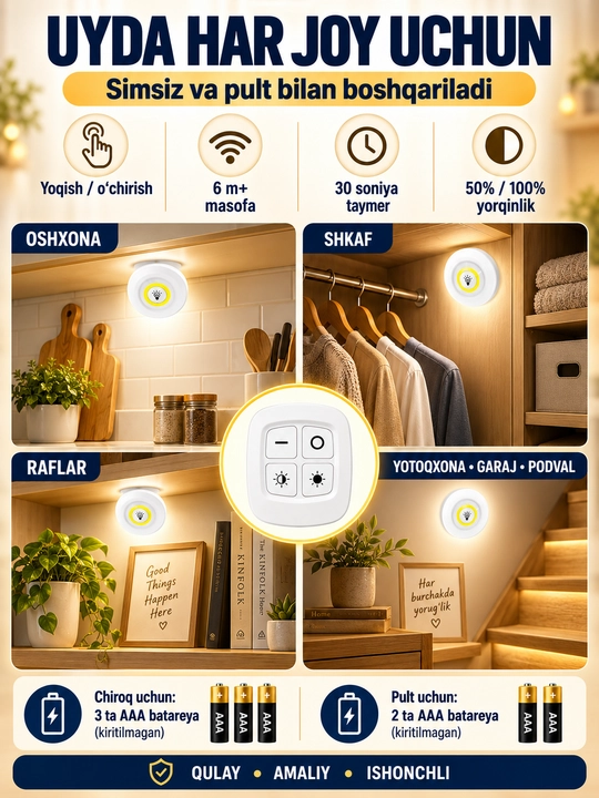 Pult bilan boshqariladigan LED chiroqlar, batareyali simsiz yoritgichlar, 3 dona