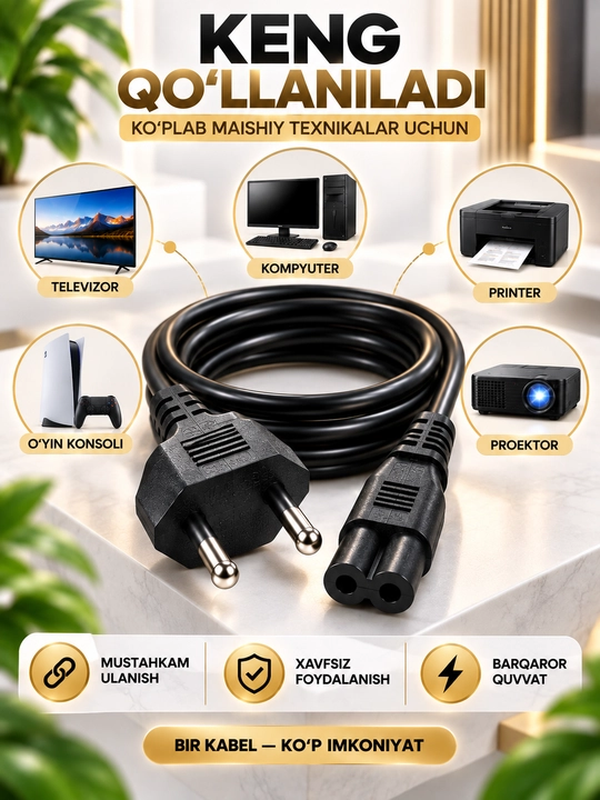 Kuchli kabel, elektr kabeli, uzaytirgich kabel, 1.5 metr kabel, kompyuter kabeli