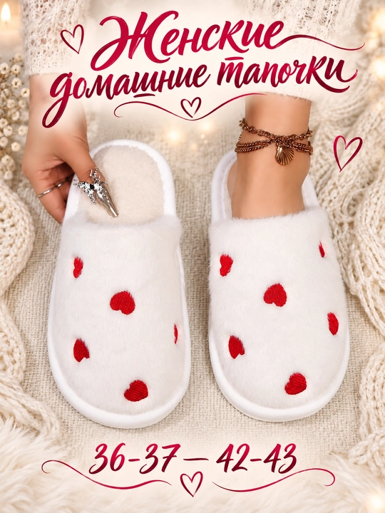 Тапочки женские домашние DIMORE SweetHeart, мягкие, с вышивкой сердечками - 