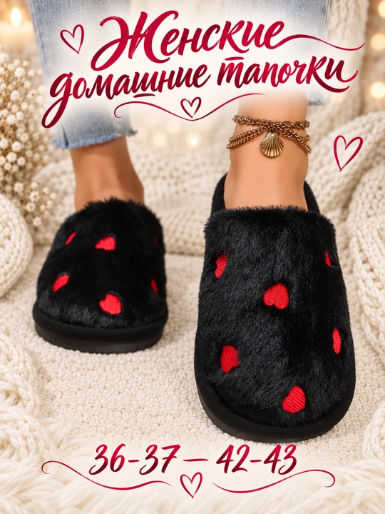 Тапочки женские домашние DIMORE SweetHeart, мягкие, с вышивкой сердечками - 