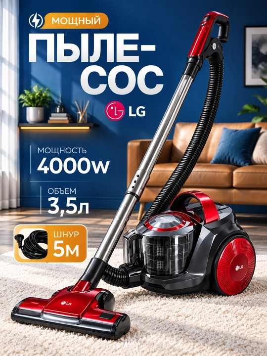 LG changyutgich, kuchli plisos, uy va gilam uchun,siklonli, 4000 Vt, 3,5 litr, 5m kabel