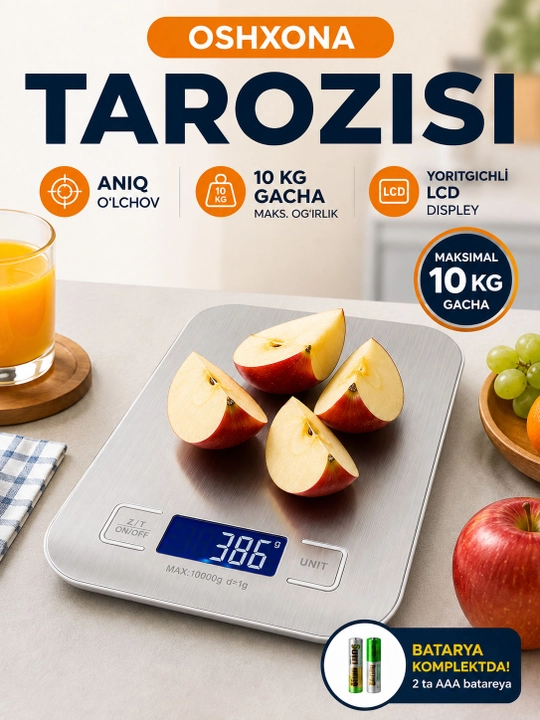 Oshxona elektron tarozisi 10 kg, aniqligi 1 g, LCD, 2 dona AAA batareya komplektda - 