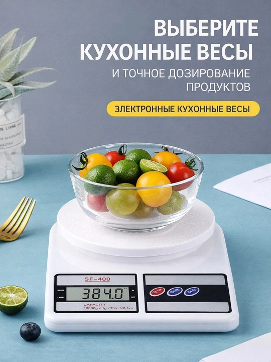 Кухонные электронные весы 10 кг, точность 1 г, LCD, 2 батарейки AAA в комплекте