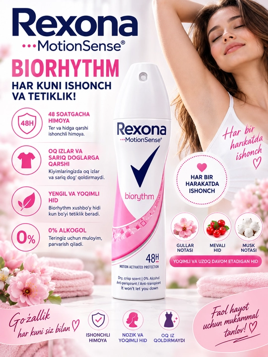 Rexona MotionSense Biorythm ayollar uchun dezodorant spreyi, 200 ml