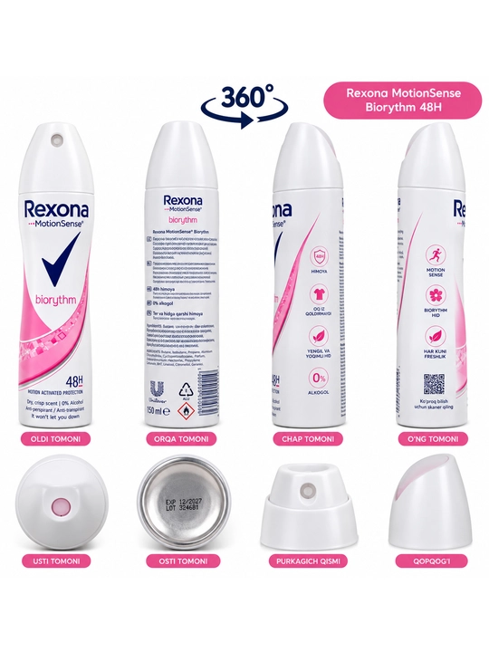 Rexona MotionSense Biorythm ayollar uchun dezodorant spreyi, 200 ml