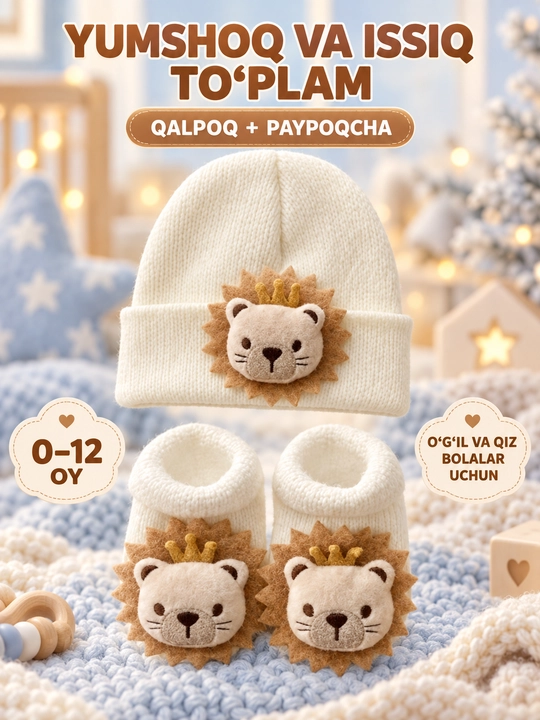 Qalpoq bolalar uchun, yumshoq va issiq bolalar to'plami: qalpoq va paypoqchalar, 0-12 oy - 