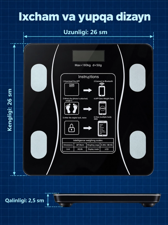 Aqlli elektron tana tarozisi, Bluetooth va LCD displey, 180 kg gacha
