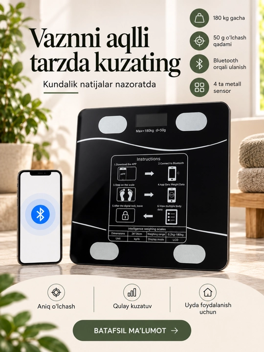 Умные электронные напольные весы с Bluetooth и LCD-дисплеем, до 180 кг - 