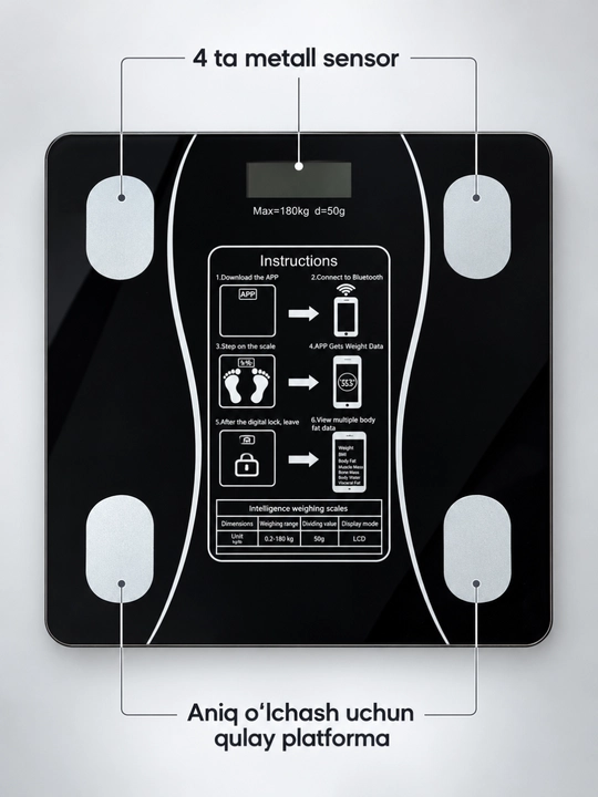 Aqlli elektron tana tarozisi, Bluetooth va LCD displey, 180 kg gacha