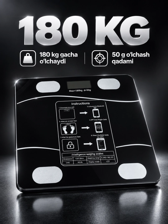 Aqlli elektron tana tarozisi, Bluetooth va LCD displey, 180 kg gacha