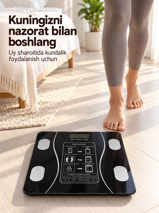 Aqlli elektron tana tarozisi, Bluetooth va LCD displey, 180 kg gacha