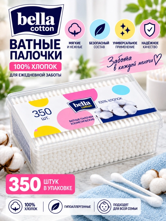 Ватные палочки Bella cotton в полипропиленовой упаковке, 350 шт - 