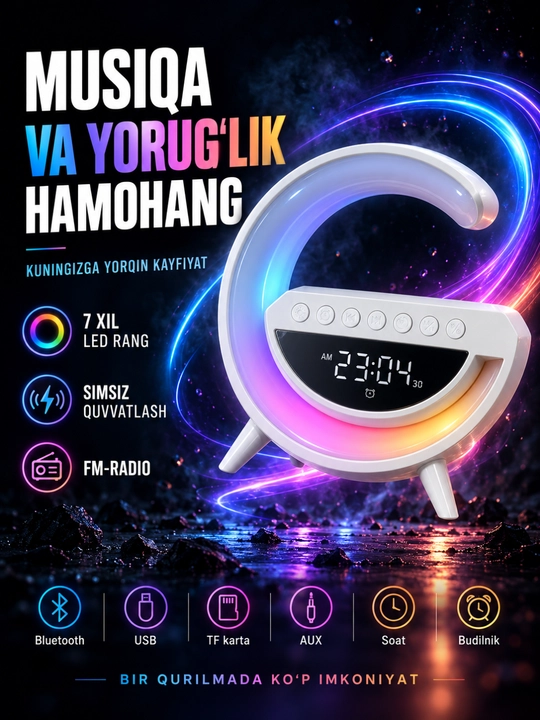 Mini3401 беспроводная зарядка, LED-ночник и Bluetooth-колонка с часами - 