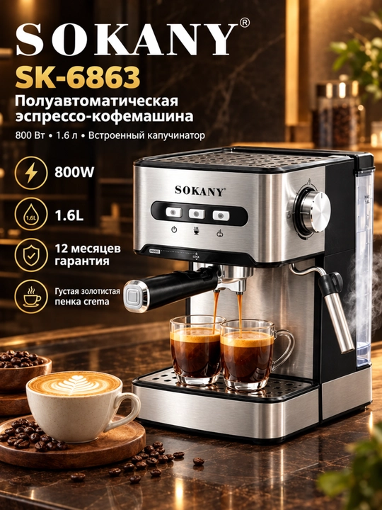 Кофемашина SK-6863, полуавтоматическая, эспрессо/капучино, 800Вт, 1.6л - 