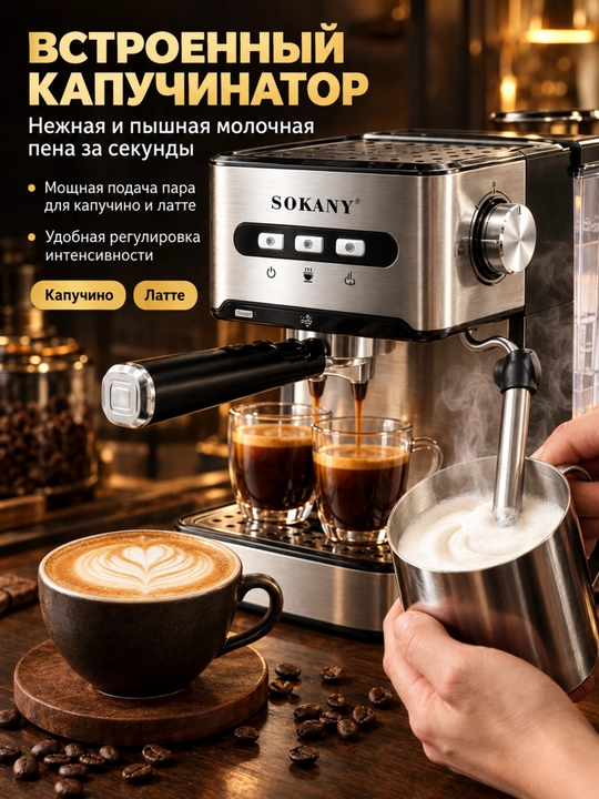 Kofe mashinasi SK-6863, yarim avtomatik, espresso/kapuchino, 800 Vt, 1,6 l