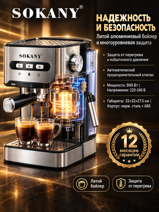 Kofe mashinasi SK-6863, yarim avtomatik, espresso/kapuchino, 800 Vt, 1,6 l