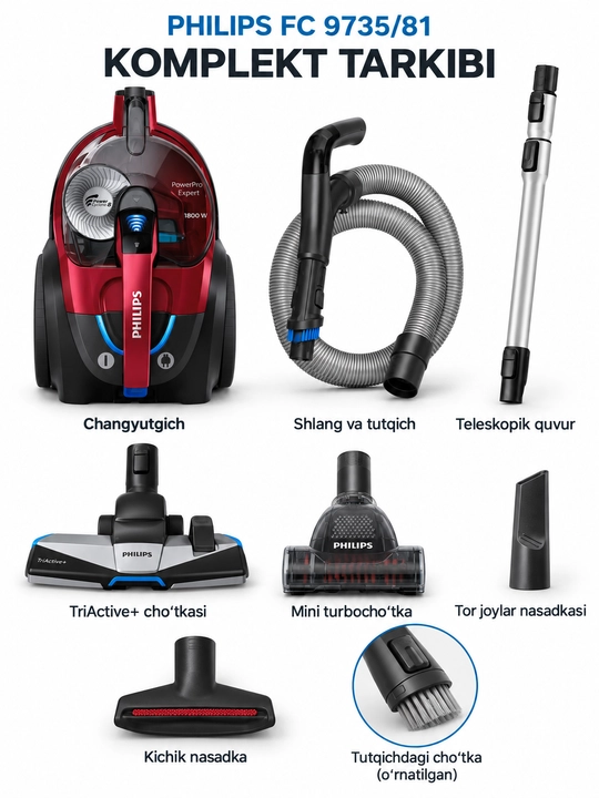 Philips FC9735/81 PowerPro Expert changyutgich, 1800 W, 2 l, H13 filtr, turbocho‘tka