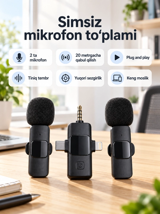Ikki mikrofonli simsiz mikrofon to‘plami, universal qabul qilgich, 20 m - 